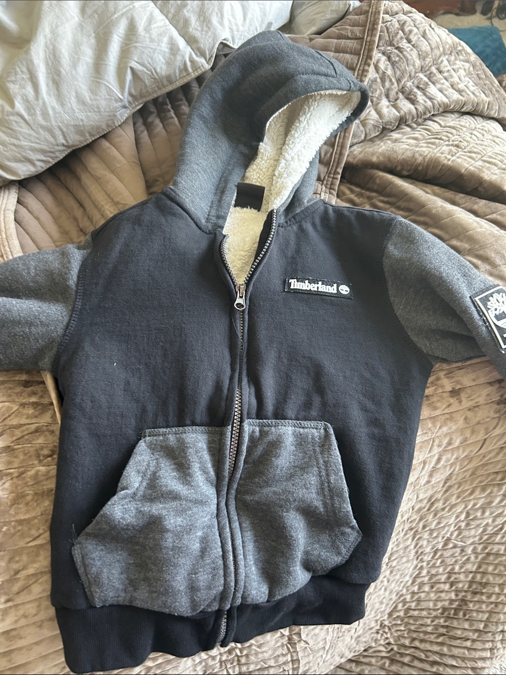 Timberland Kids' Hooded Sherpa-Lined Zip Hoodie in Charcoal Gray